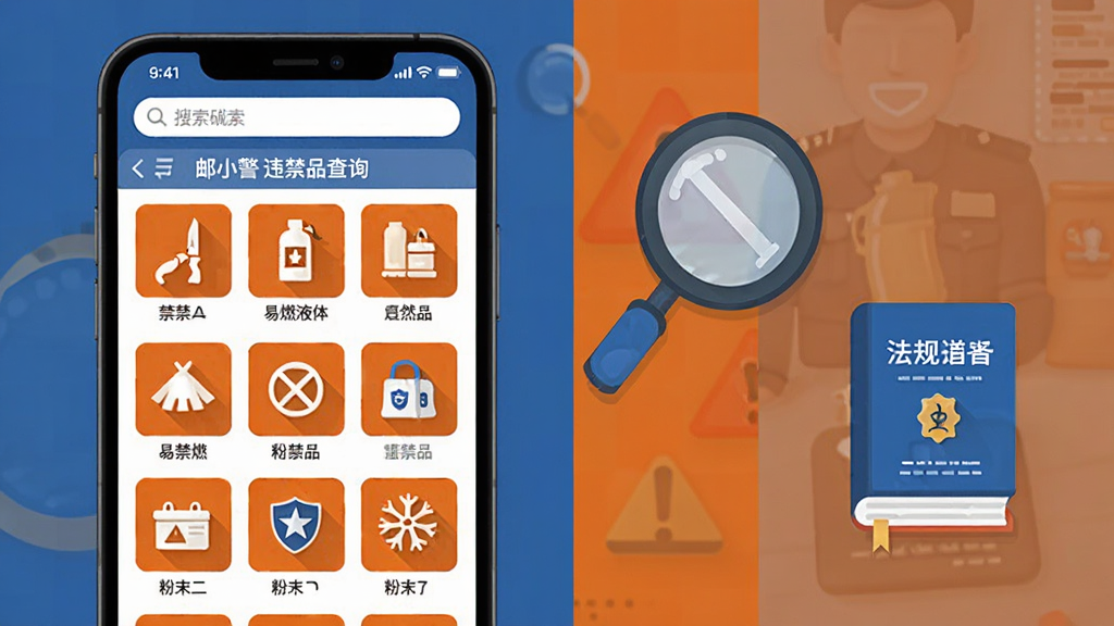 画面中央一部手机打开“邮小警”违禁品查询页面,页面内以网格图标形式展示各类违禁品分类,如刀具、易燃液体、粉末等;手机右侧漂浮一个放大镜图标和法规手册图标;布局采用左右分栏,左侧手机展示,右侧辅助元素;风格为扁平化信息图表风格,色调以橙色警示色和蓝色为主;细节包括每个违禁品图标下方的文字标签、手机屏幕顶部的搜索框;画质高清,干净,无多余元素。