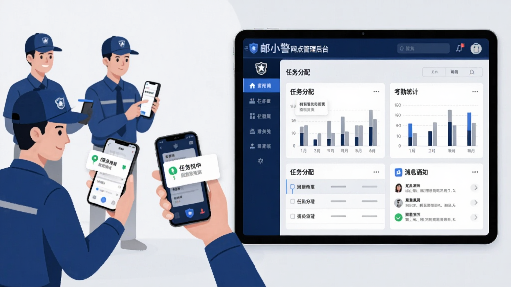 画面右侧一部平板电脑展示“邮小警”网点管理后台,屏幕上有任务分配列表、考勤统计图表和消息通知面板;左侧几位快递员手持手机接收任务;布局采用左右对比,右侧平板管理端,左侧手机执行端;风格为现代商务扁平插画,色调以深蓝和浅灰为主;细节包括平板屏幕上的柱状图、快递员手机上的任务提醒弹窗;画质高清,干净,无多余元素。