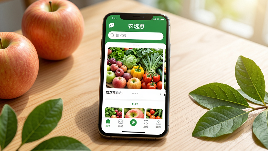 画面主体为一部智能手机,屏幕中显示“农选惠”应用首页界面,界面布局包含顶部搜索栏、中部轮播图展示新鲜水果蔬菜、底部导航栏清晰可见。手机放置在一张木质桌面上,周围散落着几颗苹果和绿叶。整体风格清新明亮,采用自然光照射,细节丰富,画质清晰,干净无多余元素,突出农产品电商平台的鲜活感与便捷性。