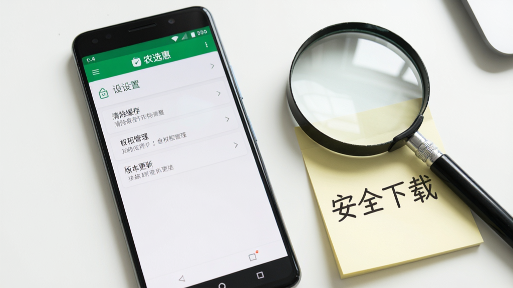 画面主体为一部安卓手机,屏幕显示“农选惠”应用设置页面,包含清除缓存、权限管理、版本更新等选项。手机旁边放置着一个放大镜和一张便签纸,便签上写着“安全下载”。整体风格简洁实用,采用明亮的桌面光线,细节清晰,画质干净,无多余元素,突出新手引导与安全提示的场景。