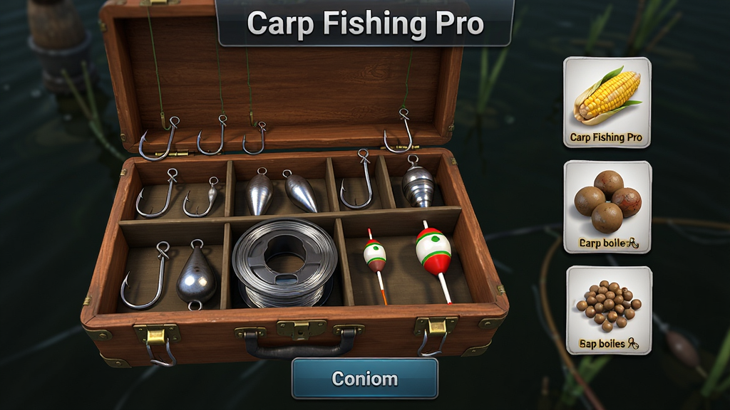 主体为 Carp Fishing Pro 游戏内的装备与饵料选择界面,画面中央是一个打开的木质钓具箱,箱内分层摆放着不同型号的鱼钩、铅坠、子线盘与浮漂,右侧悬浮展示三种饵料图标分别为玉米、圆形 boilies 与颗粒,布局采用居中对称,上方为标题栏,中部为钓具箱,下方为确认按钮,排版整齐有序,风格为写实游戏UI界面,细节包括金属钩尖反光、饵料纹理与标签文字“Carp Fishing Pro”,画质为4K高清,干净无多余元素