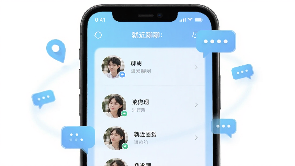 一张手机屏幕展示就近聊聊爱软件主界面,画面中央是附近用户头像列表,背景为浅蓝色渐变,周围环绕定位图标与聊天气泡,风格清新简约,细节清晰,画质干净,无多余元素