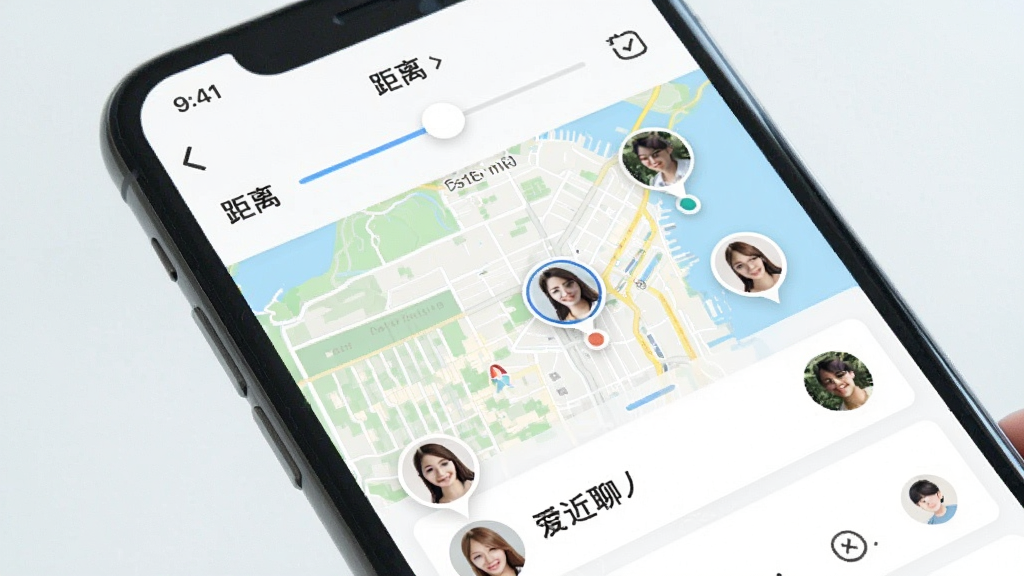 手机界面展示就近聊聊爱附近的人列表页面,地图背景上散布着多个用户头像标记,顶部有距离筛选滑块,整体风格清爽明亮,画质干净,无多余元素