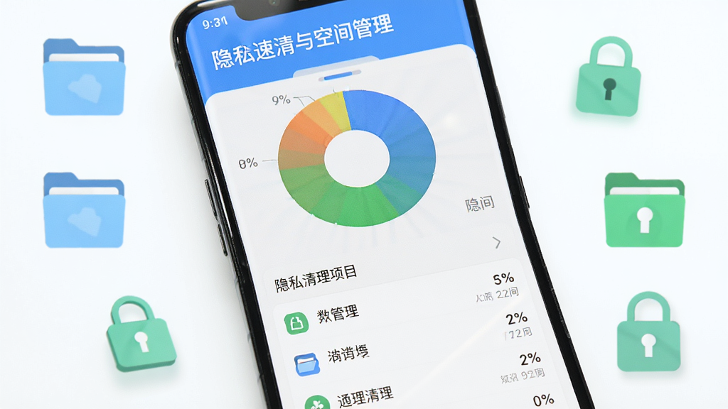 手机管家安全速清隐私清理与空间管理界面,手机屏幕显示彩色存储空间分布饼图和隐私清理项目列表,周围有文件夹图标和锁形图标,风格清新简洁,蓝色与绿色搭配,画质高清,干净无多余元素