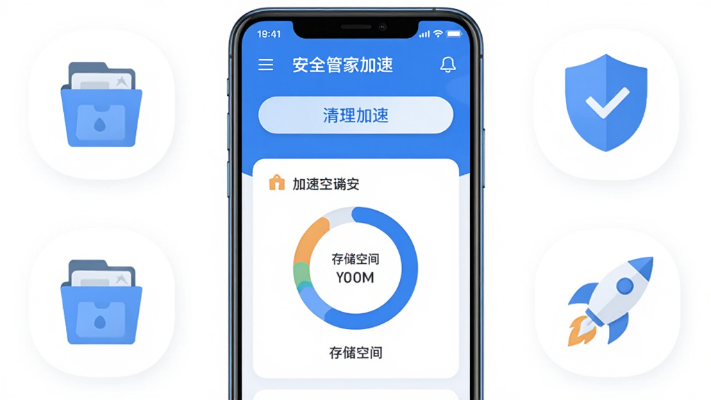 手机管家安全速清软件主界面截图,画面中央展示手机屏幕,屏幕内呈现软件首页的清理加速按钮和存储空间环形图,周围环绕着垃圾文件图标、盾牌安全图标和火箭加速图标,整体采用扁平化科技风格,蓝色与白色为主色调,布局简洁清晰,画质高清,干净无多余元素