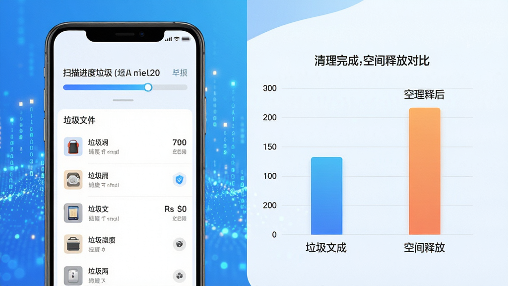手机管家安全速清垃圾清理功能展示图,画面左侧为手机屏幕显示扫描进度条和垃圾文件分类列表,右侧为清理完成后的空间释放对比柱状图,背景有细小的数据流粒子效果,风格简洁明快,蓝色渐变色调,画质清晰,干净无多余元素