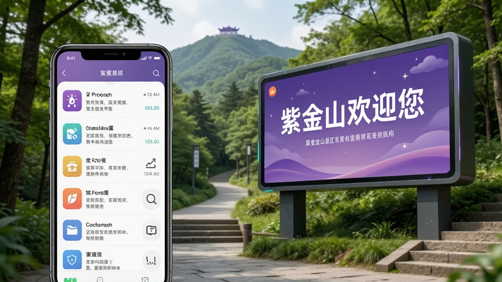 画面主体是紫金山景区入口处的电子公告牌与手机屏幕同框展示,手机屏幕中呈现资讯列表界面。布局为左手机右公告牌,背景是紫金山山林步道。排版为横版构图,风格为现代科技与自然融合。细节包括公告牌上显示“紫金山欢迎您”字样、手机界面有列表和图标、周围有绿树和石阶。画质高清,画面干净,无多余元素。