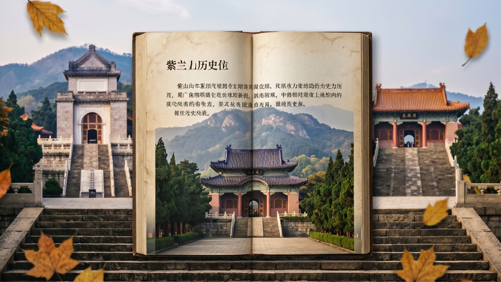 画面主体是一本展开的电子书与紫金山古迹照片融合展示,电子书页面显示紫金山历史介绍文字。布局为居中构图,背景是紫金山中山陵与明孝陵元素。排版为竖版,风格为文化复古风。细节包括书页纹理、古迹照片清晰、周围有落叶与石阶。画质高清,画面干净,无多余元素。