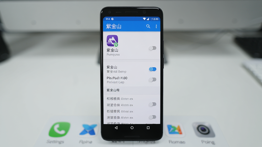 画面主体是安卓手机设置界面与应用权限管理页面同框,手机屏幕显示“紫金山”应用权限列表。布局为手机居中,背景是简洁桌面。排版为竖版,风格为科技实用风。细节包括权限开关、应用图标、提示文字清晰。画质高清,画面干净,无多余元素。