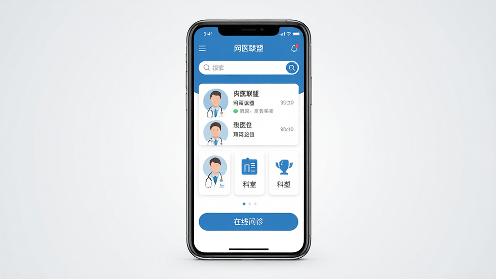 一张展示网医联盟软件主界面的手机样机图,画面中央是一部竖屏智能手机,屏幕内呈现网医联盟首页,包含医生列表、科室分类图标、在线问诊入口按钮,整体布局整洁,采用蓝白为主色调的医疗风格,背景为干净的浅灰色渐变,风格为现代扁平化UI设计,细节上突出医生头像卡片和搜索栏,画质高清,干净,无多余元素