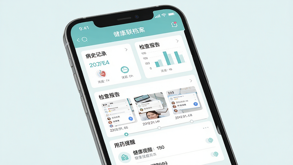 一张展示网医联盟健康档案功能的界面图,画面主体为一部智能手机,屏幕内呈现健康档案页面,包含病史记录卡片、检查报告缩略图、用药提醒列表,布局采用上下分区排版,风格为清新浅色医疗风,细节上体现数据图表与时间轴元素,画质清晰,干净,无多余元素
