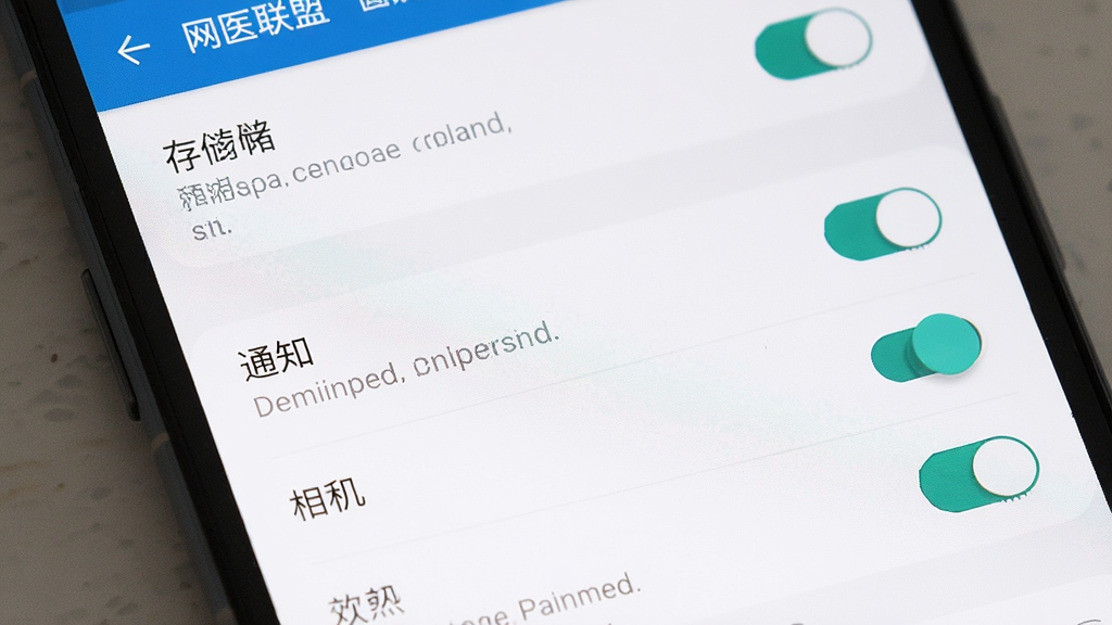 一张展示网医联盟在安卓手机上安装与权限设置的示意图,画面为手机屏幕特写,屏幕内显示权限管理页面,包含存储、通知、相机等权限开关,布局为纵向列表,风格为简洁明快的系统设置界面,细节上突出开关按钮与权限说明文字,画质清晰,干净,无多余元素