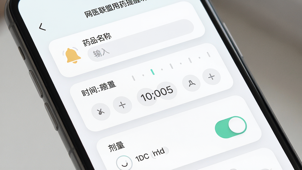 一张展示网医联盟用药提醒功能的界面图,画面为一部手机特写,屏幕内呈现用药提醒设置页面,包含药品名称输入框、时间选择器、剂量选项和开关按钮,布局为纵向列表式排版,风格为柔和圆角卡片设计,细节上突出铃铛图标与时间刻度,画质高清,干净,无多余元素