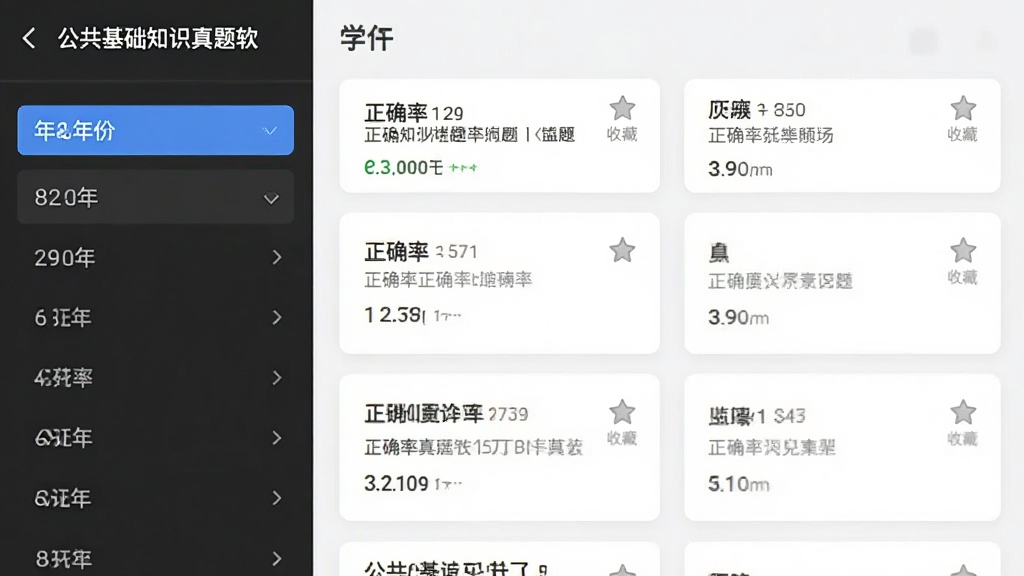 公共基础知识真题软件内页展示历年真题列表,左侧为年份筛选栏,右侧为题目卡片,卡片上标注正确率与收藏图标,背景为白色卡片式布局,风格清新简约,画质清晰无杂乱元素