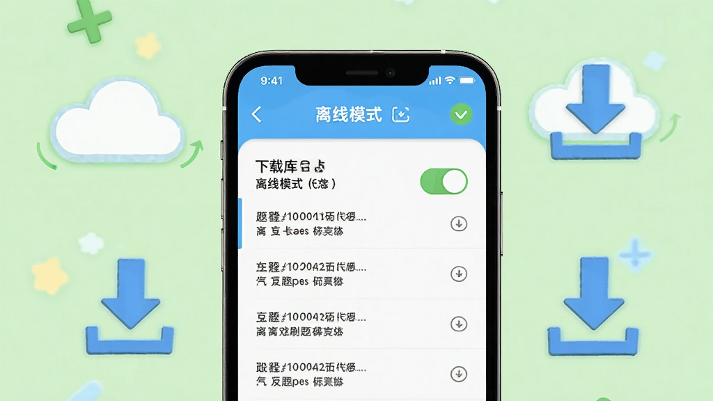 公共基础知识真题离线刷题功能展示,手机屏幕显示已下载题库列表和离线模式开关,周围有云朵和下载箭头图标,背景为浅绿色,风格轻松明快,画质干净