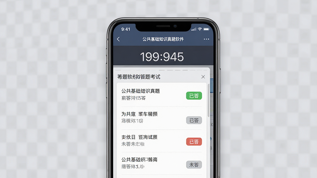 公共基础知识真题软件模拟考试界面,手机屏幕显示倒计时和答题卡,答题卡上部分题目标记已答和未答状态,背景为淡灰色,风格严肃专业,画质高清,无多余装饰