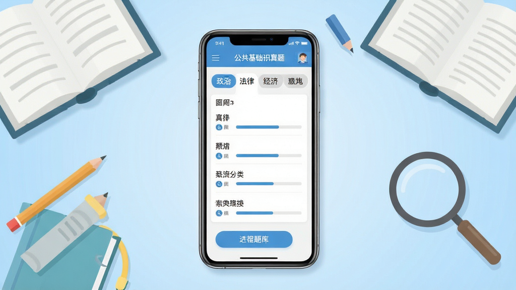 主图展示手机屏幕中显示公共基础知识真题APP的题库列表界面,界面清晰展示政治法律经济等分类标签,周围环绕书本铅笔和放大镜等学习元素,背景为柔和的浅蓝色渐变,整体布局居中对称,风格简洁扁平化,细节包括按钮图标和进度条,画质高清干净无多余元素