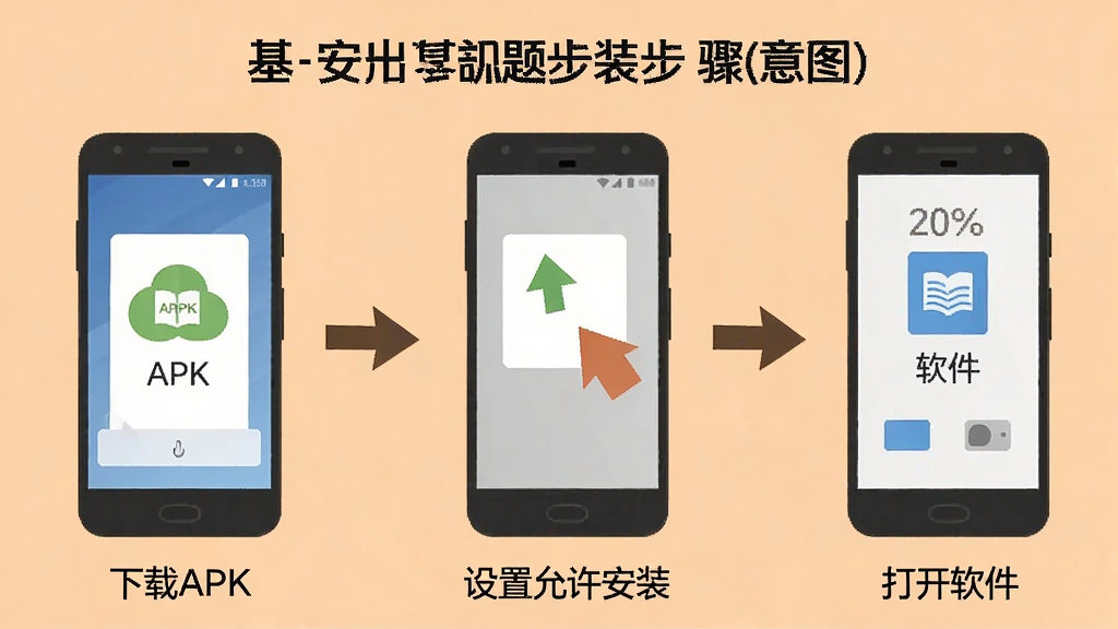 公共基础知识真题安卓手机安装步骤示意图,画面分为三个步骤,第一步下载APK,第二步设置允许安装,第三步打开软件,用简洁图标和箭头串联,背景为浅橙色,风格扁平化教程风,画质清晰无杂乱