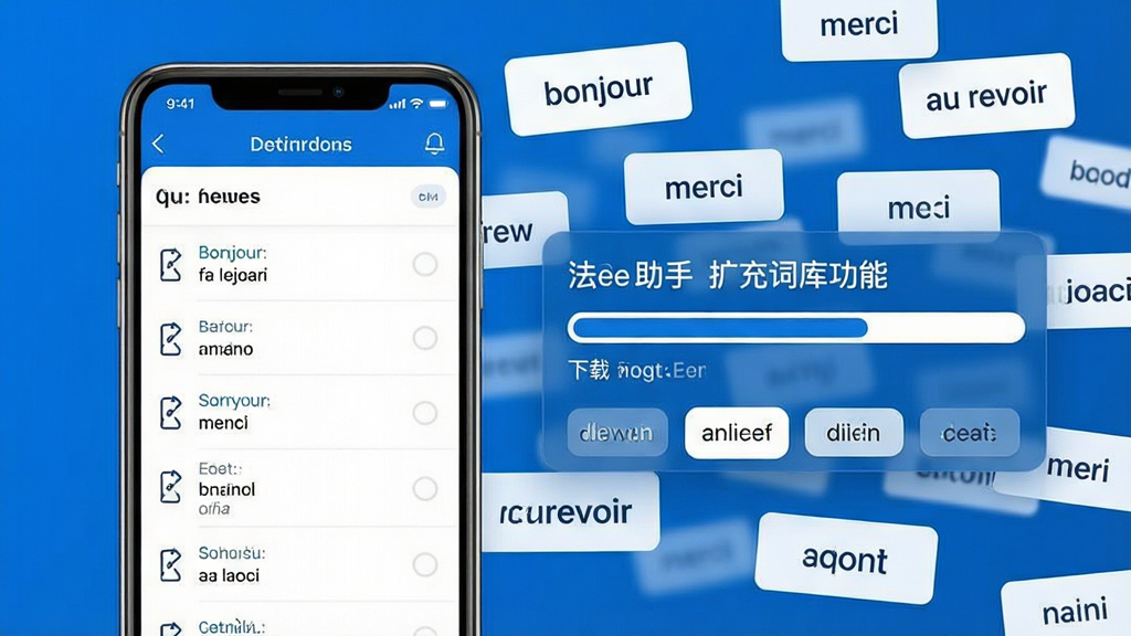 法语助手扩充词库功能展示图,画面左侧为手机界面显示词库管理列表,右侧为词库下载进度条与分类标签,背景中漂浮着大量法语单词卡片,卡片上写有