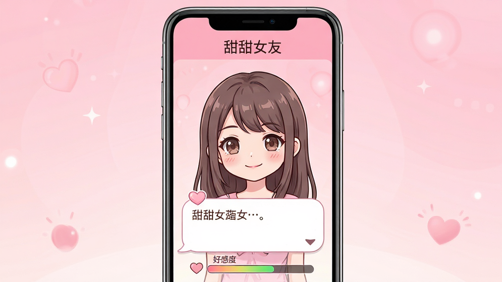 软件名称“甜甜女友”主界面展示,画面中央为手机屏幕,屏幕内显示卡通风格女性角色立绘与对话气泡,背景为柔和粉色渐变,布局简洁,排版居中,风格为二次元清新插画,细节包括角色微笑表情、对话框文字、好感度进度条,画质高清,干净,无多余元素