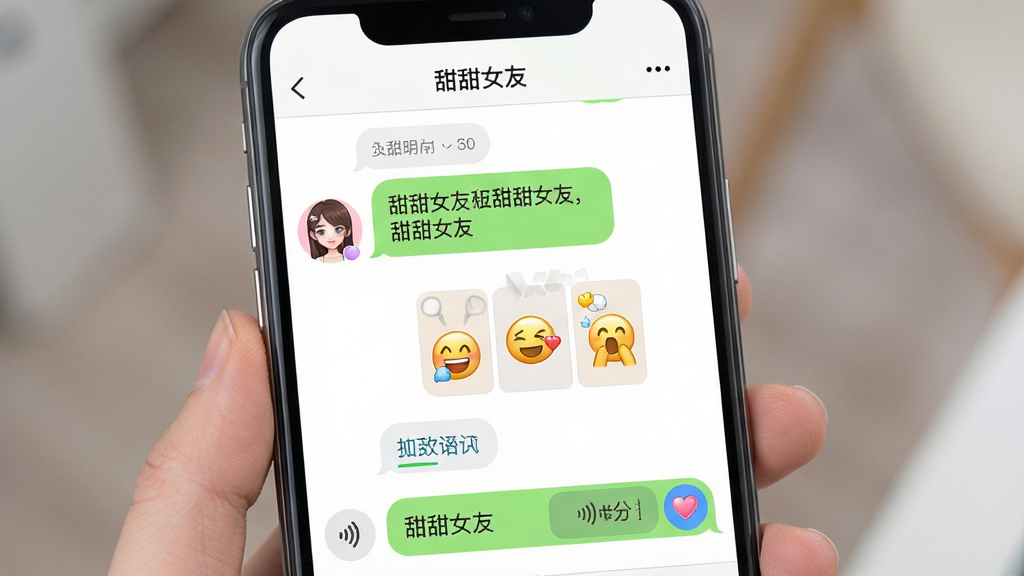 软件名称“甜甜女友”聊天互动界面,画面主体为手机聊天窗口,窗口内显示角色头像、文字消息、表情包和语音条,布局为左右气泡对话,排版自然,风格为现代社交软件界面,细节包括时间戳、输入状态提示、角色昵称,画质高清,干净,无多余元素