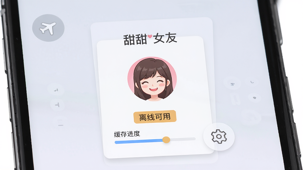 软件名称“甜甜女友”离线模式提示界面,画面主体为手机屏幕,屏幕内显示飞行模式图标与角色微笑头像,布局为居中卡片式,排版简洁,风格为扁平化设计,细节包括离线可用标签、缓存进度条、设置齿轮图标,画质高清,干净,无多余元素