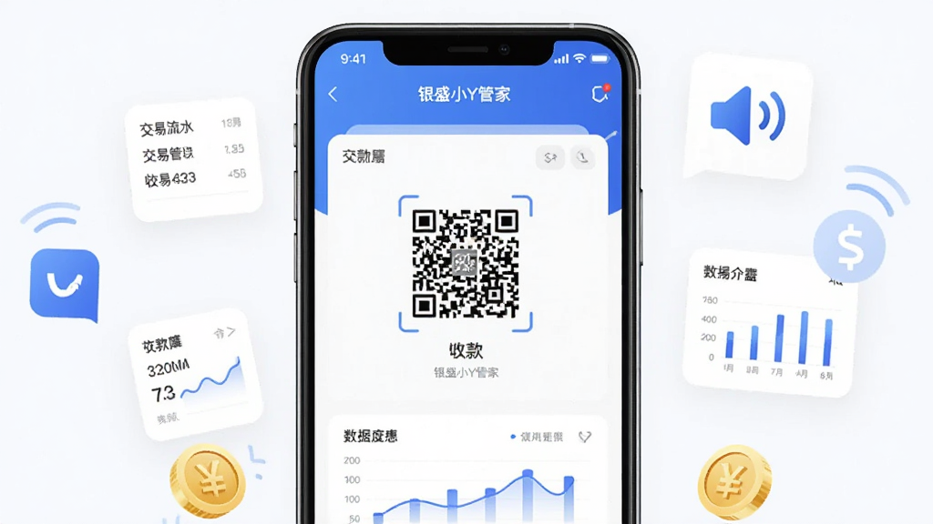 一张展示银盛小Y管家手机应用界面的宣传图,主体是一部智能手机,屏幕上显示银盛小Y管家收款管理后台界面,布局为手机居中、周围环绕交易流水图标和语音播报符号,排版简洁清晰,风格为现代科技商务风,细节包括收款码、数据图表、金币元素,画质高清,干净,无多余元素