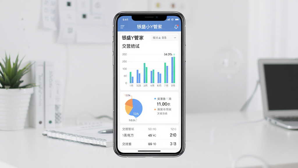 一张展示银盛小Y管家经营数据统计页面的图片,主体为手机屏幕显示数据图表和交易汇总,布局为手机居中展示,排版清晰,风格为简约数据可视化风,细节包括柱状图、饼图、数字统计,画质高清,干净,无多余元素
