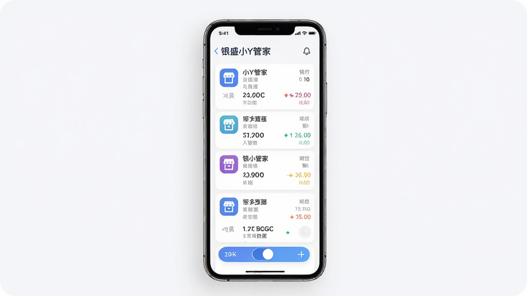 一张展示银盛小Y管家多门店管理功能的界面图,主体为手机屏幕显示多个门店列表,布局为手机正面展示,排版整齐,风格为清新简约商务风,细节包括门店图标、交易数据、切换按钮,画质清晰,干净,无多余元素
