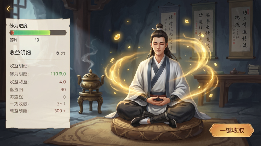 了凡录挂机修炼界面,一位修士盘坐在蒲团上闭目打坐,周围有金色灵气汇聚成旋涡,画面左侧显示修为进度条和收益明细,右侧有“一键收取”按钮,背景为幽静的洞府内部,风格为清新仙侠风,布局左中右三栏,排版清晰,细节包括飘浮的灵气光点、古朴的香炉和墙上的功法卷轴,画质细腻,干净无多余元素