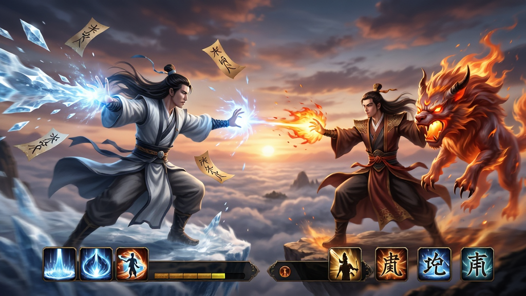 了凡录战斗场景,两位修士在云海之上斗法,左侧修士释放冰系法术,右侧修士召唤火焰灵兽,画面下方有技能栏和功法图标,背景为壮阔的晚霞天空,风格为动态仙侠战斗风,布局上人物占据画面中心,技能特效华丽但不杂乱,细节包括飞溅的法力光效、飘动的符和灵兽的毛发质感,画质高清,干净无多余元素