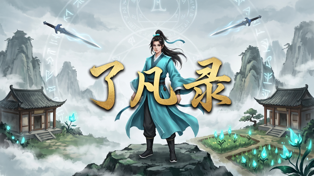 了凡录游戏主界面,一位身穿青色道袍的年轻修士站在云雾缭绕的仙山之巅,远处有飞剑划过天际,近处有古朴的洞府和灵田,画面中央用金色毛笔字写着“了凡录”,整体风格为东方仙侠水墨风,布局上主体人物居中,背景层次分明,排版简洁大气,细节包括飘动的衣袂、发光的灵草和若隐若现的阵法符文,画质高清,干净无多余元素