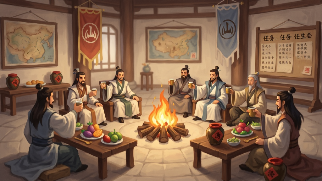了凡录仙盟聚会场景,多位修士围坐在仙盟大殿内,中央有篝火和酒坛,大家举杯交谈,背景有仙盟旗帜和任务公告板,风格为温馨仙侠社交风,布局上人物呈环形排列,大殿空间开阔,细节包括桌上的灵果、墙上的地图和飘动的旗帜,画质柔和,干净无多余元素