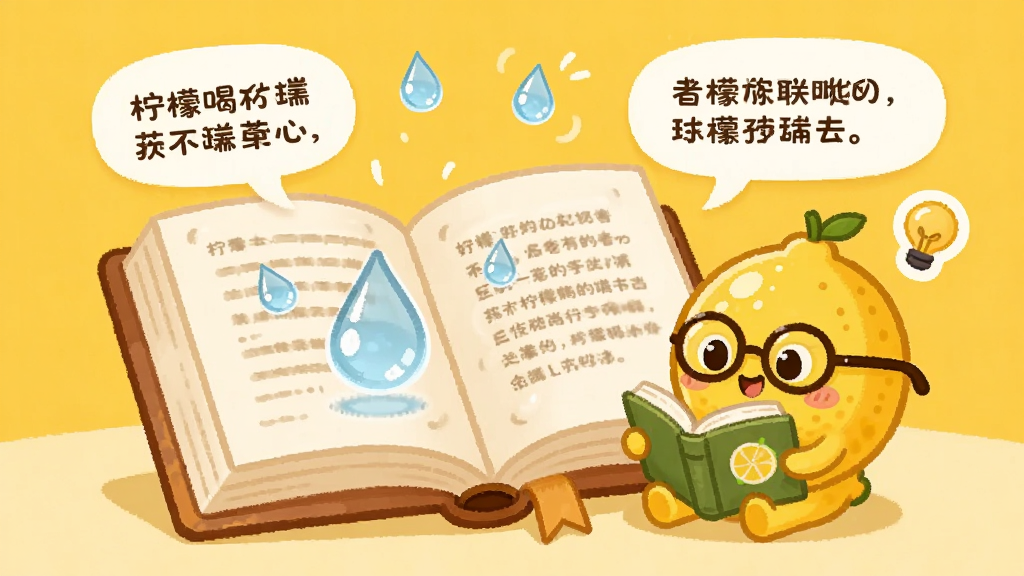 柠檬喝水软件的健康知识页面,画面展示一本打开的书本,书页上浮现水滴和文字气泡,柠檬小精灵坐在书旁阅读,背景为暖黄色,风格为温馨卡通插画,细节包含眼镜、书签、小灯泡图标,画质清晰干净,无多余元素