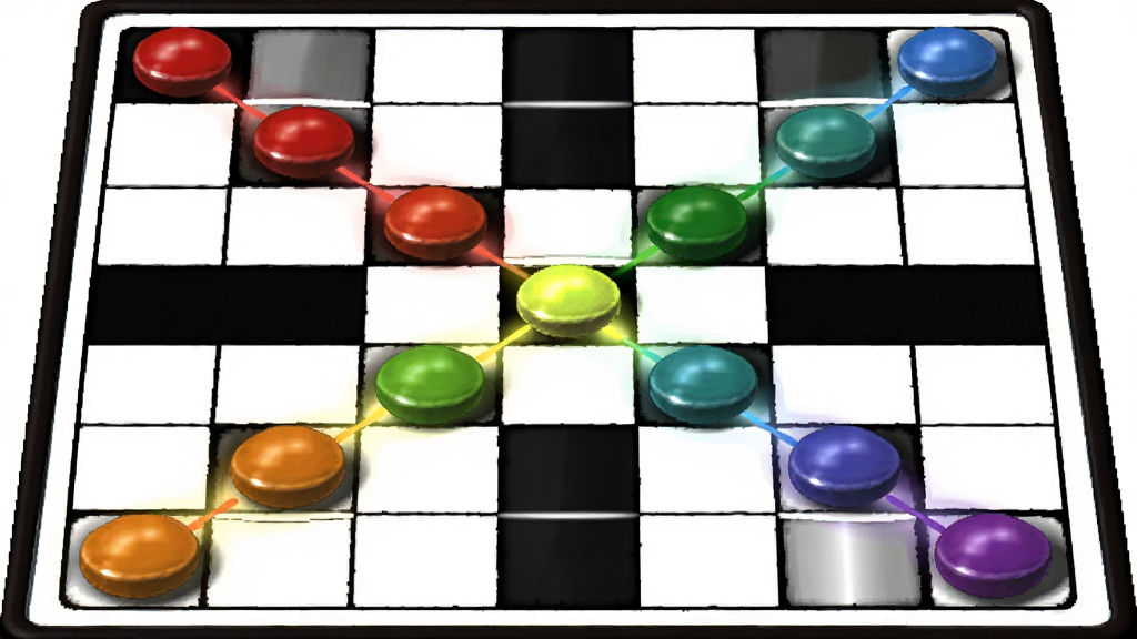 主体为七彩五子连珠标准模式棋盘全貌,布局为正方形棋盘居中展示,排版突出横竖斜连线示意,风格为经典棋类游戏界面,细节包含棋盘格线、五颗同色棋子连成一线、胜利高亮光效,画质高清,画面干净,无多余元素