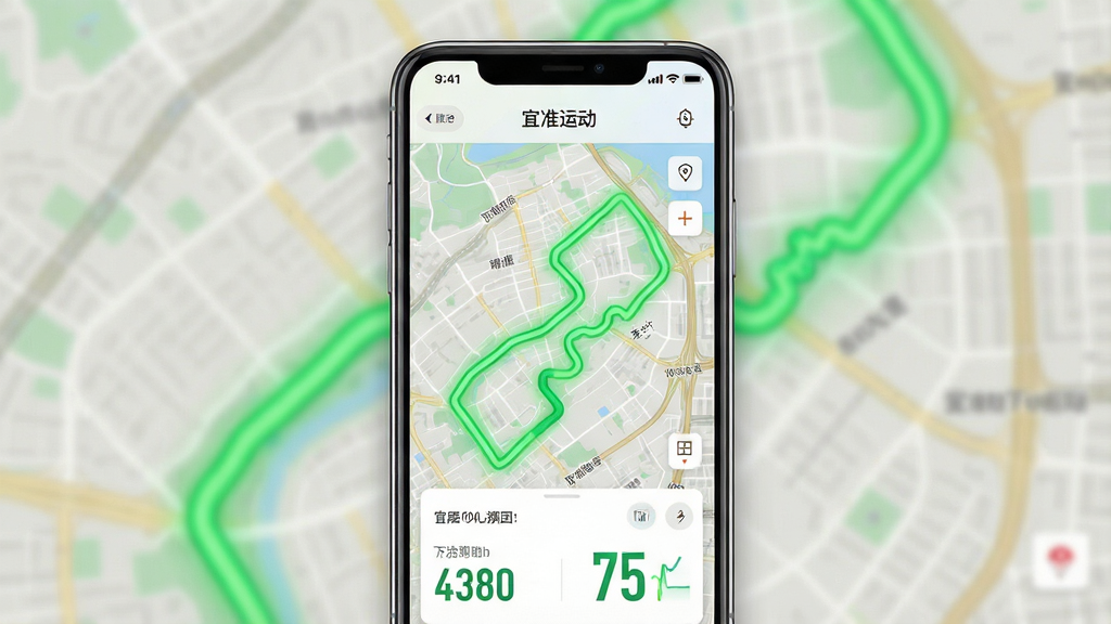一幅以“宜准运动”App轨迹记录功能为核心的界面展示图。画面主体为一部智能手机,屏幕上显示着带有轨迹线条的地图界面和配速数据面板。布局采用竖版手机屏幕居中展示,背景为模糊的城市地图纹理。风格为现代UI设计风格,细节上突出轨迹的荧光绿色线条与数据图表的清晰度,画质锐利,画面干净无杂乱元素。