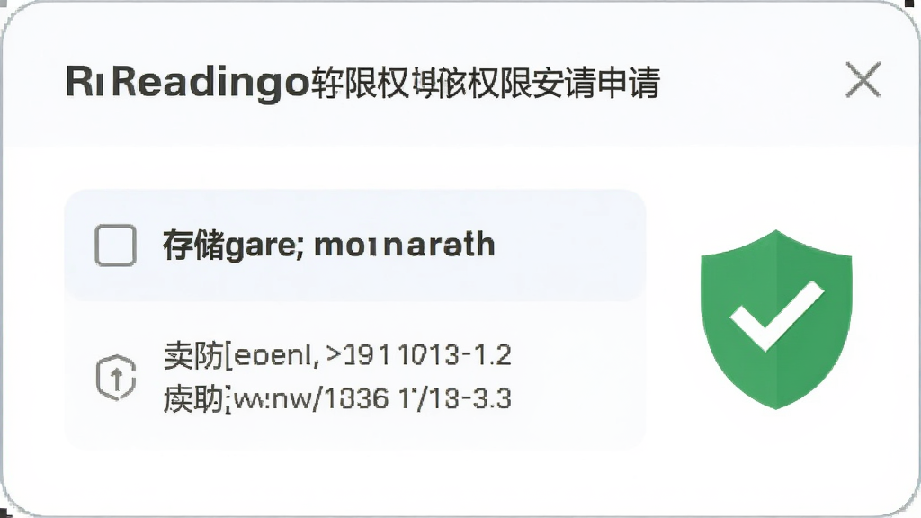 Readingo软件权限申请弹窗示意图,仅显示存储权限读取选项,旁边配有绿色对勾和盾牌图标象征安全,背景为纯白色,风格简约商务,细节清晰,画质干净,无多余元素