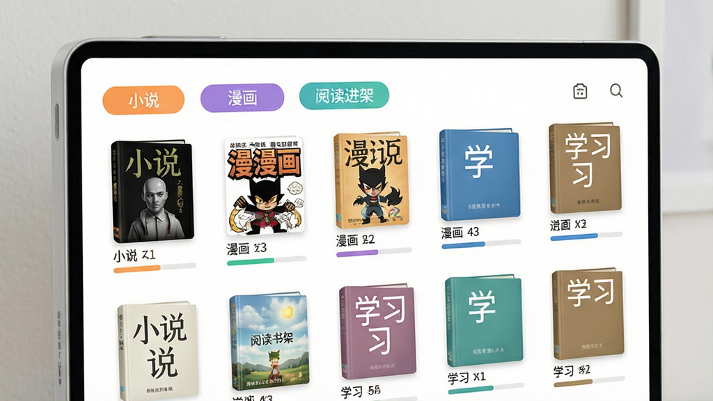 Readingo智能书架管理界面,展示多个彩色分组标签如小说、漫画、学习,每本书籍封面下方带有阅读进度条,布局错落有致,风格清新浅色,细节丰富,画质清晰,干净无多余元素