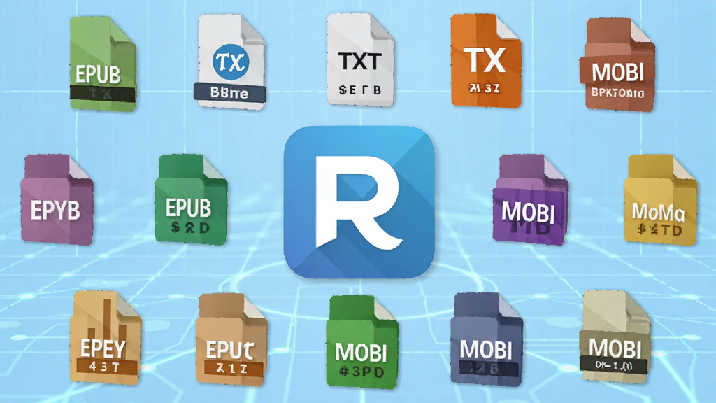 Readingo软件正在解析多种格式电子书的界面截图,屏幕中央显示EPUB、TXT、MOBI等格式图标环绕着软件Logo,背景为淡蓝色科技感网格,排版居中,风格扁平化,细节清晰,画质干净,无多余元素