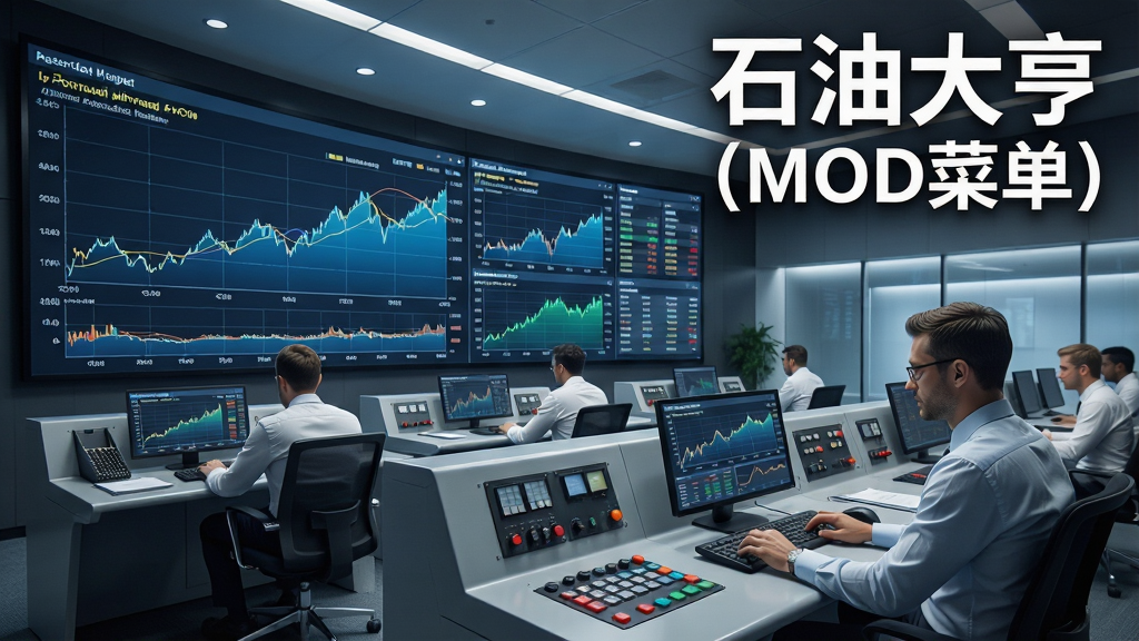 一幅商业交易主题的AI生图,画面主体是一个现代化的石油交易控制中心,大屏幕上显示着石油价格走势图和各种数据面板,前景有交易员在操作台前工作,画面布局采用广角构图,排版在画面右上角用白色字体写“石油大亨(MOD菜单)”字样,风格为现代商务科技风,细节包括屏幕上的图表线条和操作台的按钮,画质高清,干净,无多余元素