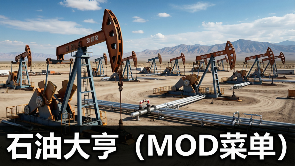 一幅石油开采场景的AI生图,画面主体是一个大型油田开采现场,多台抽油机在广阔的土地上有序排列,背景是蓝天白云和远处的山脉,画面布局采用俯视视角,排版在画面底部用白色粗体字写“石油大亨(MOD菜单)”字样,风格为写实风格,细节包括抽油机的机械结构和地面的管道网络,画质高清,干净,无多余元素