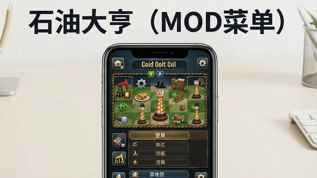 一幅手机游戏界面主题的AI生图,画面主体是一部智能手机竖向展示游戏界面,屏幕上显示石油大亨游戏的经营面板和菜单选项,背景是简洁的浅色桌面,画面布局采用居中构图,排版在画面顶部用深色字体写“石油大亨(MOD菜单)”字样,风格为产品展示风格,细节包括手机边框的金属质感和屏幕上的游戏UI元素,画质高清,干净,无多余元素