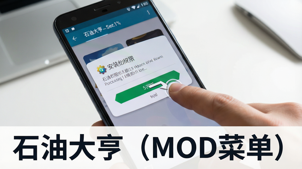 一幅手机游戏安装教程主题的AI生图,画面主体是一部安卓手机屏幕显示安装权限设置界面,旁边有手指点击屏幕的动作,背景是简洁的桌面环境,画面布局采用特写构图,排版在画面下方用深色字体写“石油大亨(MOD菜单)”字样,风格为教程图解风格,细节包括屏幕上的设置选项和手指的点击姿态,画质高清,干净,无多余元素