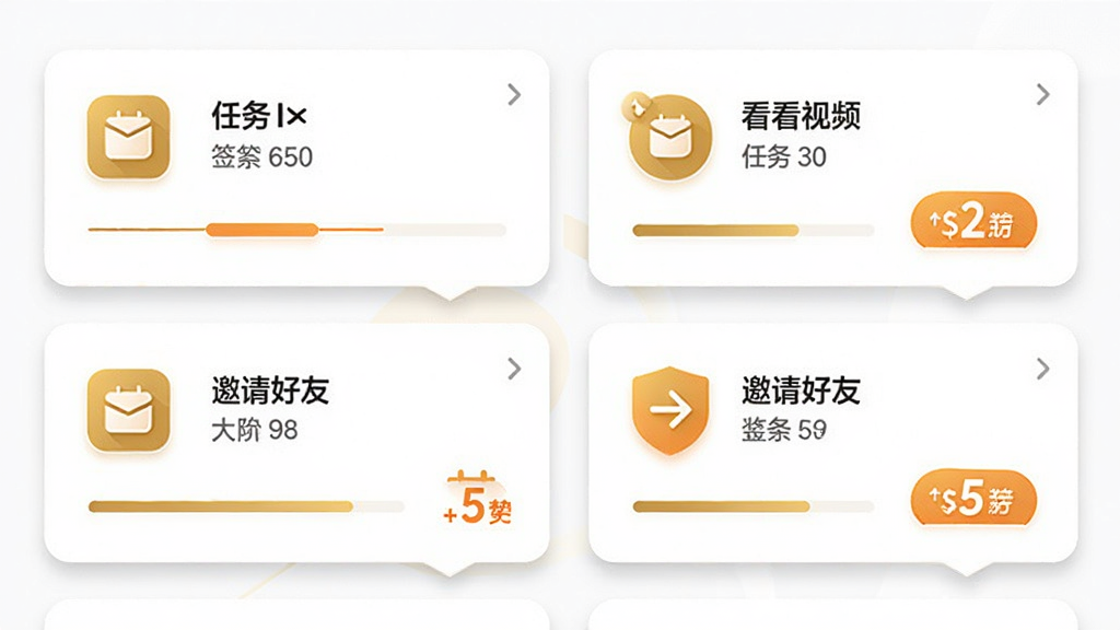 主体为果然有钱花APP内的任务列表页面,布局采用上下滚动式卡片排列,排版清晰展示签到、看视频、邀请好友等任务图标,风格为现代扁平化UI设计,细节包括金色与橙色为主色调、任务卡片带有微阴影、进度条与奖励数字醒目,画质高清,画面干净,无多余元素。