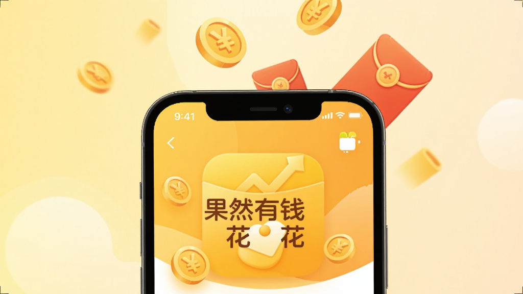 主体为一部智能手机屏幕中显示果然有钱花的应用界面,布局采用居中构图,手机上方飘浮着金币与红包元素,排版简洁明快,风格为扁平化卡通插画风,细节包括明亮的黄橙色调、圆润的图标设计、柔和的渐变背景,画质高清,画面干净,无多余元素。