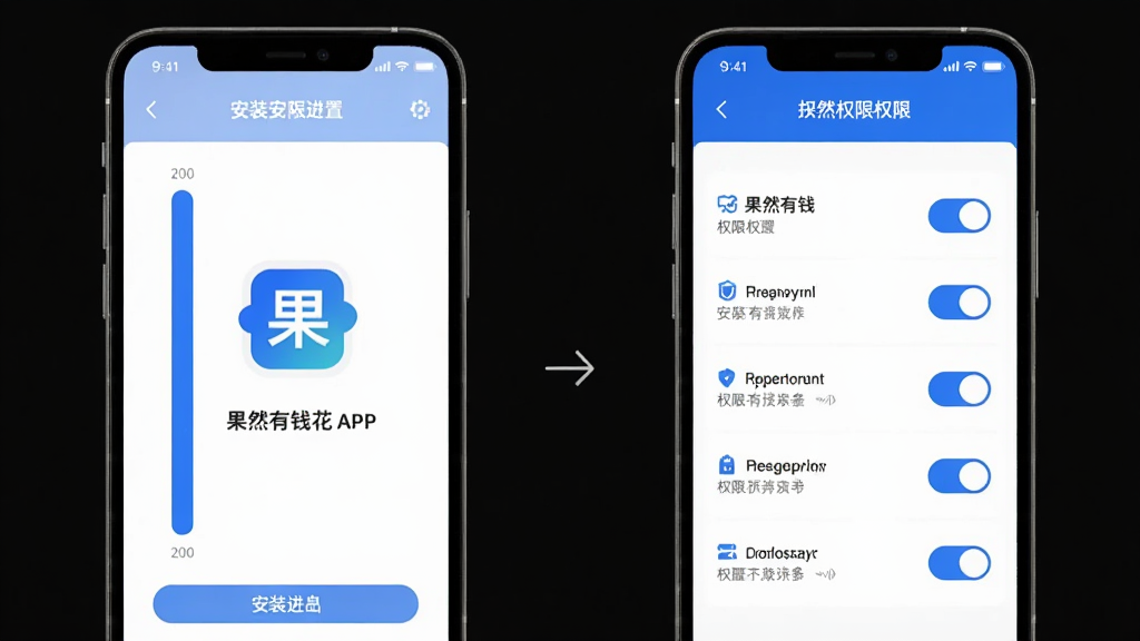 主体为果然有钱花APP在手机屏幕上的安装与权限设置界面,布局采用分步展示,左侧为安装进度条,右侧为权限开关列表,排版清晰直观,风格为扁平化科技风,细节包括蓝色主调、图标简洁、文字提示醒目,画质高清,画面干净,无多余元素。
