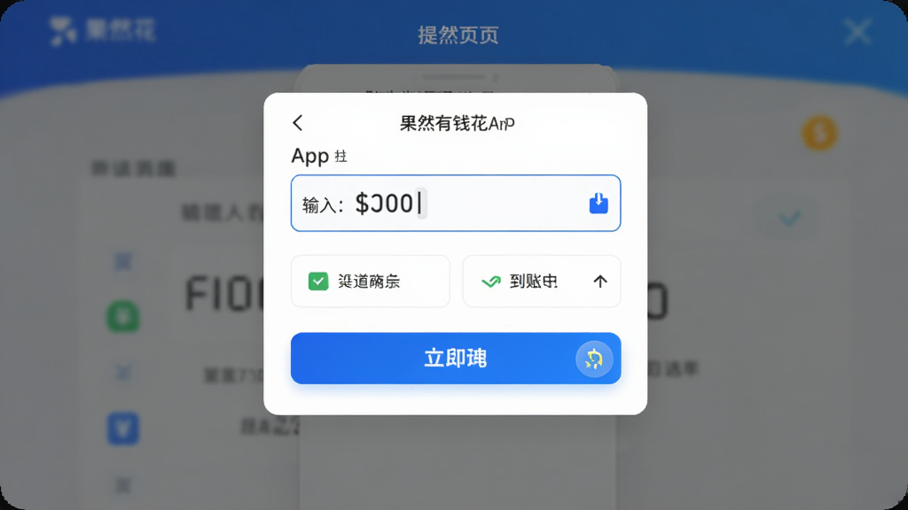 主体为果然有钱花APP的提现页面,布局采用居中弹窗式设计,排版突显提现金额输入框与渠道选择按钮,风格为清爽简约风,细节包括蓝色与白色搭配、提现按钮带有高亮效果、到账提示图标清晰,画质高清,画面干净,无多余元素。