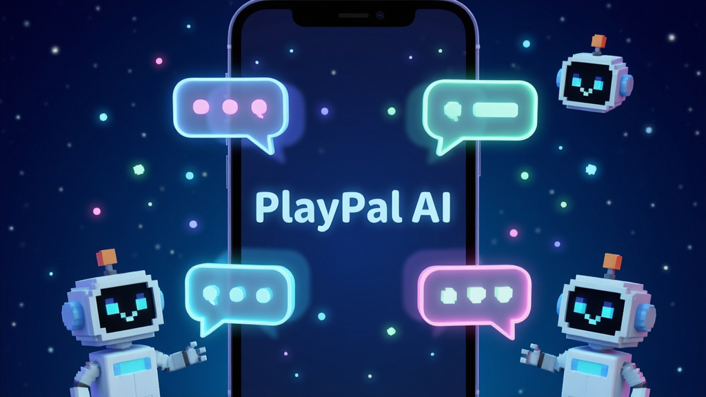 一个充满科技感的手机屏幕,屏幕中央显示着“PlayPal AI”字样,周围环绕着发光的对话气泡和像素风格的小机器人角色,背景是深蓝色渐变星空,布局居中对称,风格为3D渲染卡通科技风,细节包括柔和的霓虹光效和悬浮的粒子,画质高清,干净,无多余元素