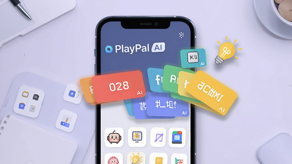 一个手机界面展示“PlayPal AI”的文本生成功能,屏幕中飘出彩色的文字卡片和灯泡图标,背景是淡紫色的办公桌,布局为俯视角度,风格为扁平化UI设计,细节包括整齐的图标和柔和的投影,画质高清,干净,无多余元素