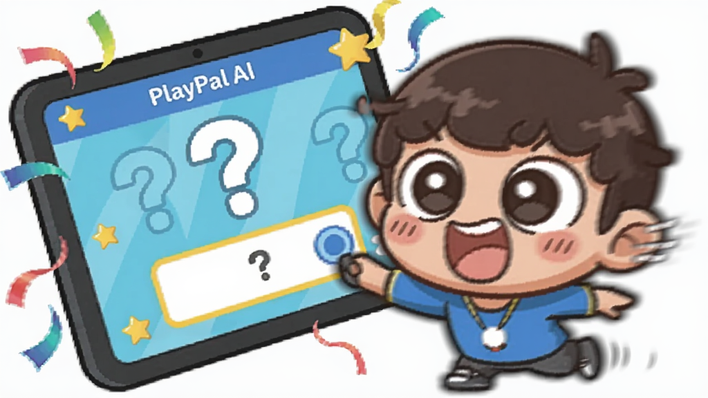 一个活泼的卡通角色正在玩“PlayPal AI”里的猜词游戏,屏幕上显示着问号和答题框,周围有彩带和星星装饰,布局为对角线构图,风格为Q版卡通,细节包括角色夸张的表情和动态模糊效果,画质明亮,干净,无多余元素